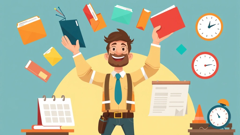 Animated contractor juggling various projects and clients, different colored project folders in air, calendar and clock showing flexibility and time management
