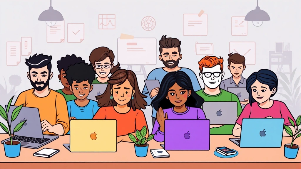 Cartoon diverse group of freelancers working on different projects simultaneously on laptops and tablets, showing collaboration and independence, colorful workspace