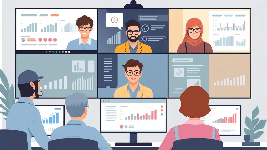 A diverse group of independent contractors collaborating virtually on a video call displayed on multiple screens, with charts, graphs, and project management tools visible. Modern digital workspace illustration.
