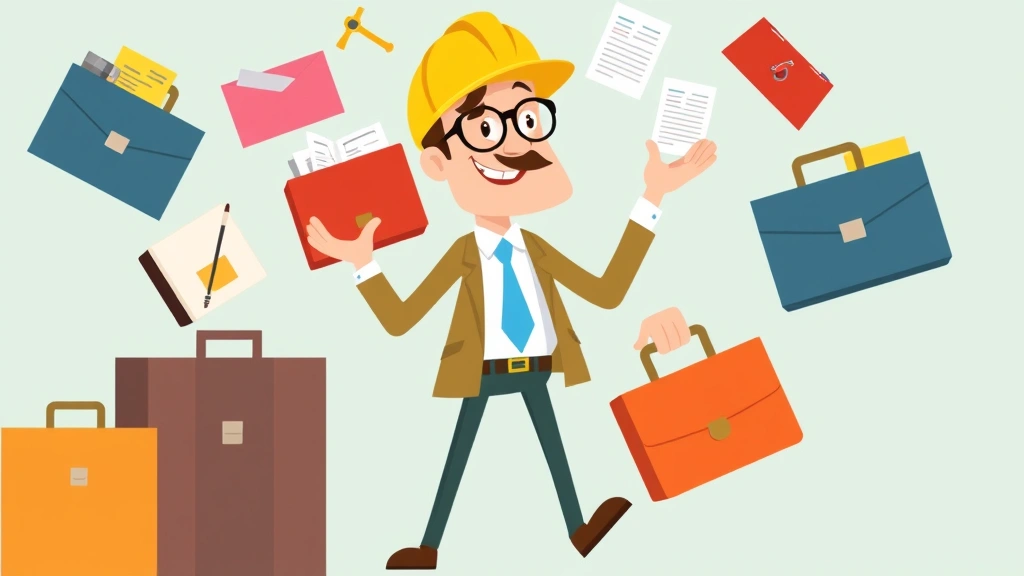 Cartoon contractor juggling multiple client projects represented by colorful briefcases and documents. Shows variety, flexibility, and multiple income streams. Professional but playful illustration style.