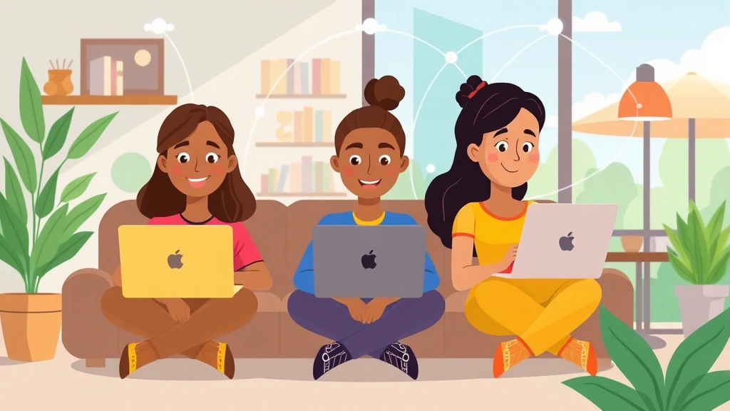 Cartoon diverse group of three independent contractors working on laptops in different locations (home office, coffee shop, outdoor space), connected by digital network lines, collaborative freelance theme