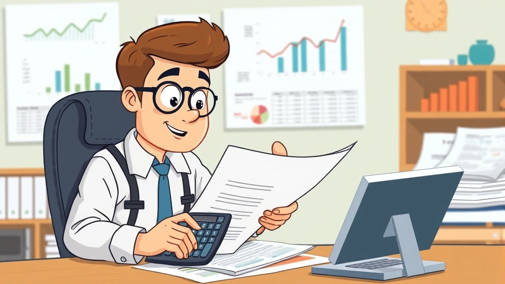 Cartoon contractor reviewing contract documents and financial spreadsheets with a calculator, calculator showing dollar signs, organized desk with charts and graphs in background