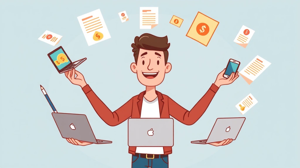 Cartoon freelancer juggling multiple client projects with laptops, phones, and project files floating around, representing diverse income streams