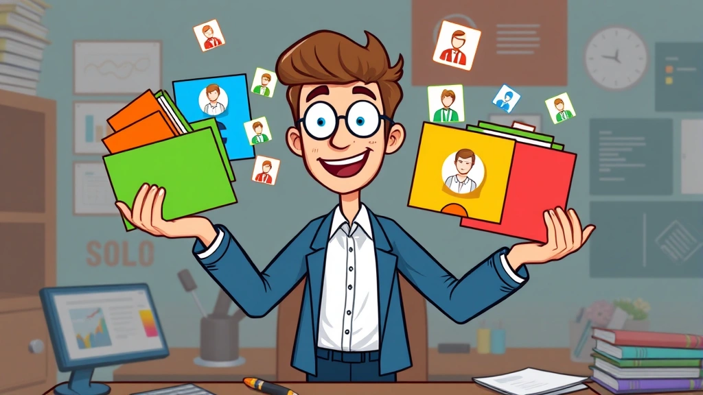 Cartoon professional juggling multiple colored project folders and client icons, smiling confidently, organized desk with calendar and planning tools visible