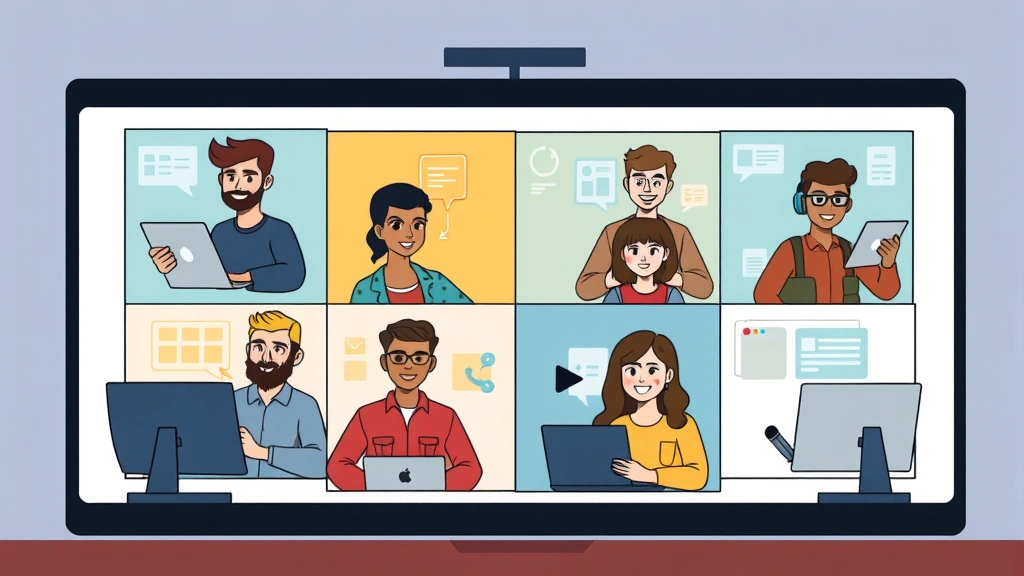 Cartoon image of a diverse group of contractors collaborating virtually on projects through video screens, representing networking and community building in the gig economy