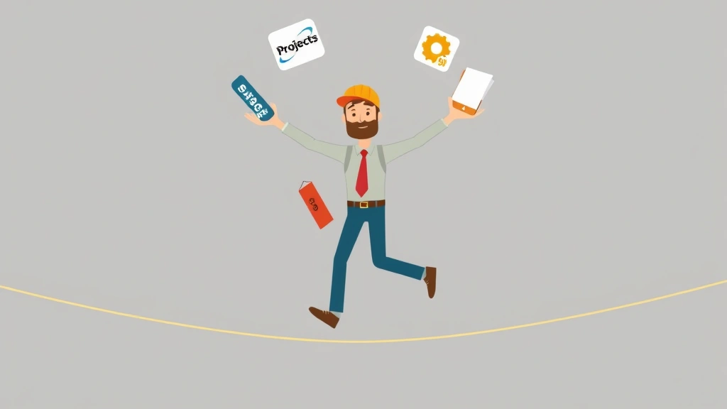Cartoon contractor juggling multiple client logos and project folders while walking a tightrope, symbolizing balance between diverse clients and income stability challenges