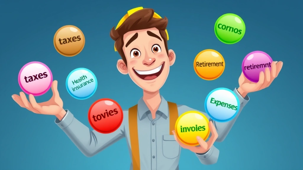 Animated contractor juggling multiple colored balls labeled taxes, health insurance, retirement, invoices, and expenses, smiling confidently, bright colors