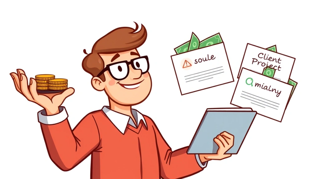 Cartoon figure balancing multiple coins and dollar bills on one hand while juggling three different client project folders, representing income diversification