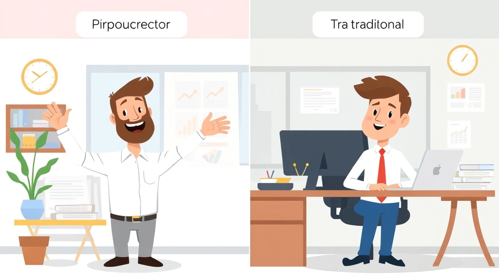 Split-screen comparison showing happy contractor with flexible schedule on left side and traditional employee at office desk on right side, contrasting work environments, cartoon style