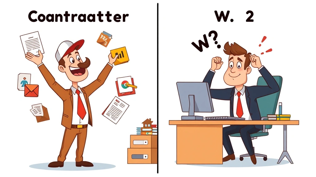 Split-screen comparison showing happy contractor juggling multiple projects on left side versus stressed W-2 employee at office desk on right, colorful cartoon style, professional theme