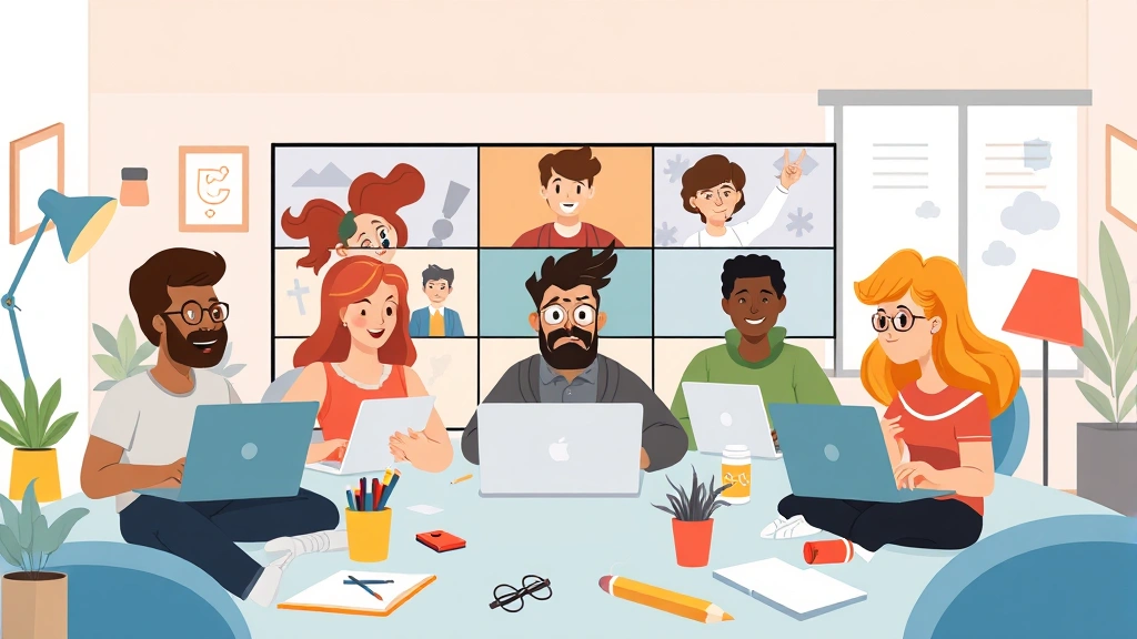 Cartoon diverse group of freelancers collaborating virtually on video call, each working from different locations with laptops and creative materials