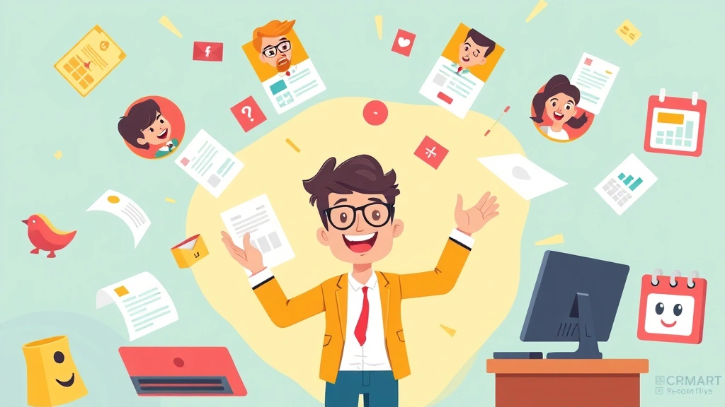 Playful cartoon showing a freelancer juggling multiple projects and client faces, surrounded by floating documents, money symbols, and calendar notifications in vibrant colors