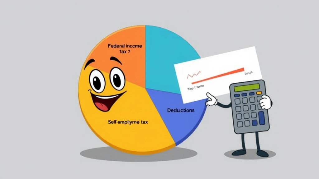 Colorful pie chart showing tax breakdown with sections for federal income tax, self-employment tax, and deductions, cartoon style with friendly calculator character pointing at chart