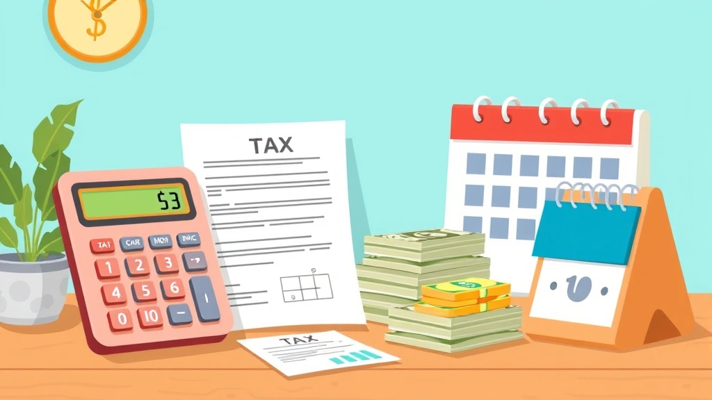 Animated cartoon scene showing calculator, tax forms, money stacks, and calendar representing financial management, tax planning, and quarterly payments for independent contractors, friendly professional aesthetic