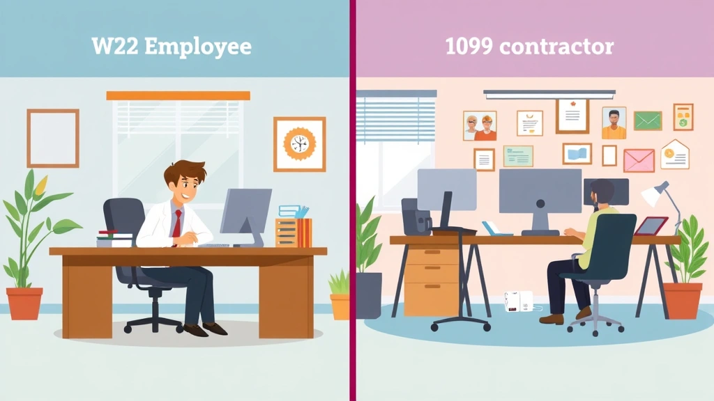 Split-screen comparison showing W-2 employee at traditional office desk versus independent 1099 contractor at flexible workspace with multiple clients, cartoon style