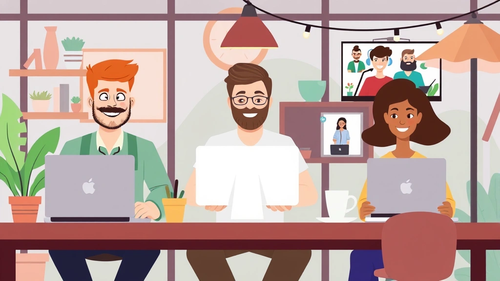 Animated illustration of diverse contractors working remotely from different locations—coffee shop, home office, outdoor workspace—video conferencing with clients on screens