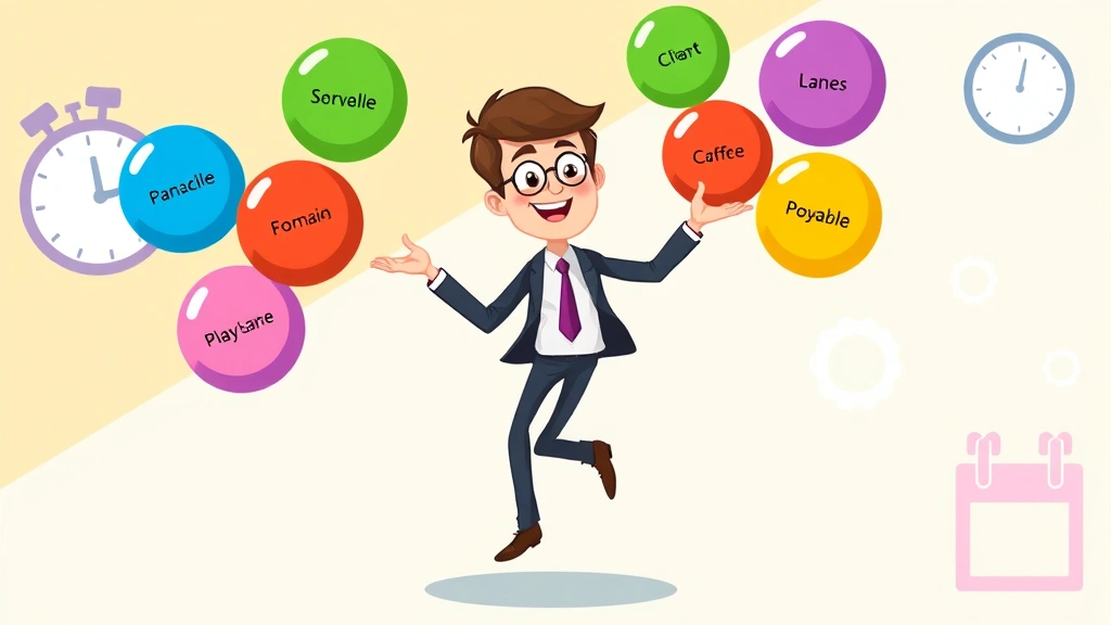 Cartoon character juggling multiple colored balls labeled with different client names, balanced on one leg, professional attire, bright background with clock and calendar symbols