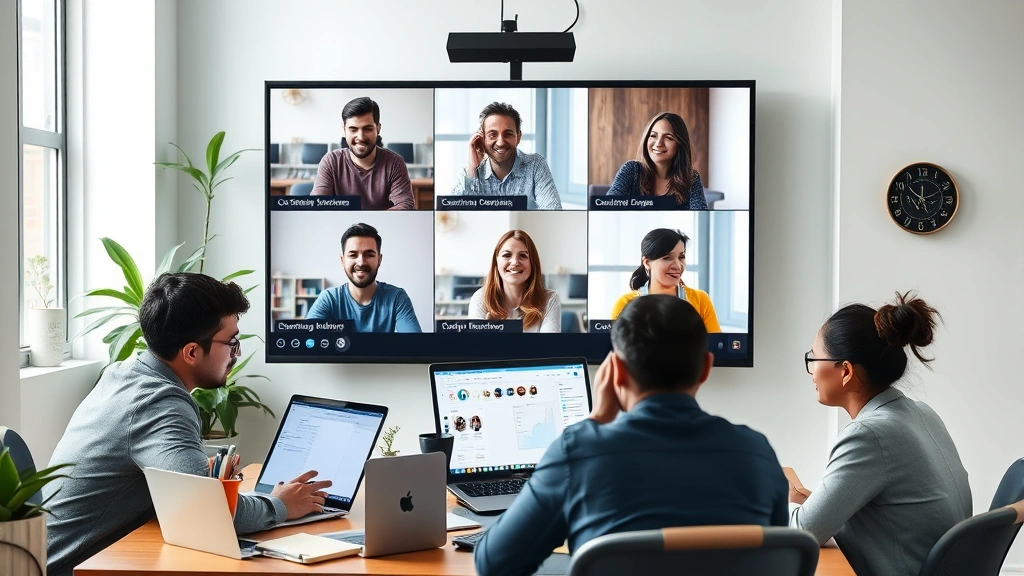 Diverse group of freelancers collaborating virtually on projects, video conference screen showing team members, laptops and creative tools visible, bright collaborative atmosphere