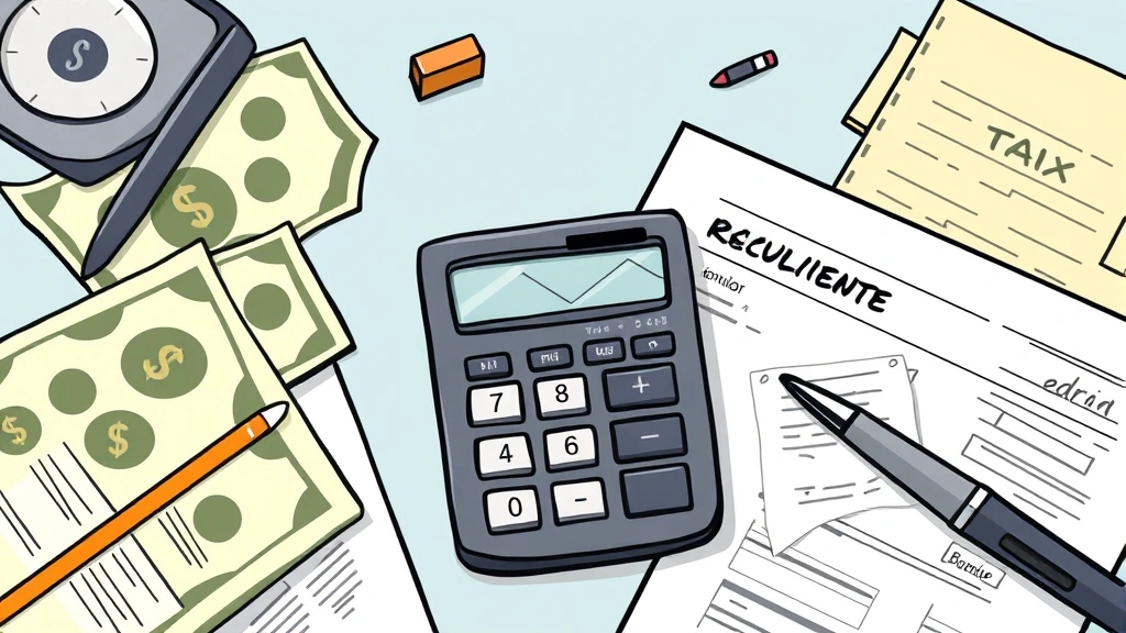 Cartoon graphic showing calculator, dollar bills, tax forms, and business documents arranged artistically, representing financial management and tax planning for self-employed professionals