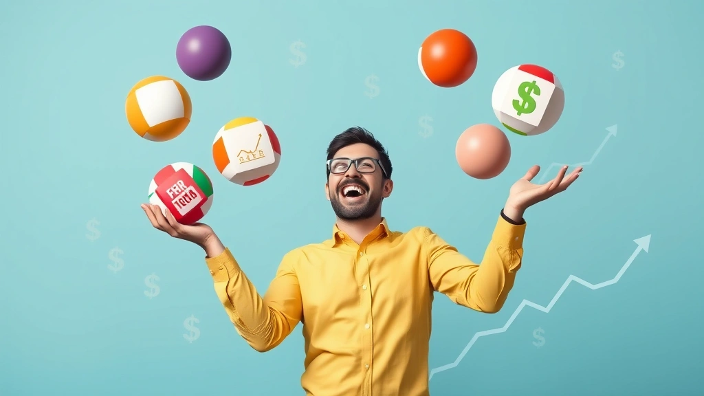 Cheerful independent contractor juggling multiple client projects represented as colorful balls, surrounded by dollar signs and growth charts, celebrating success with energetic expression
