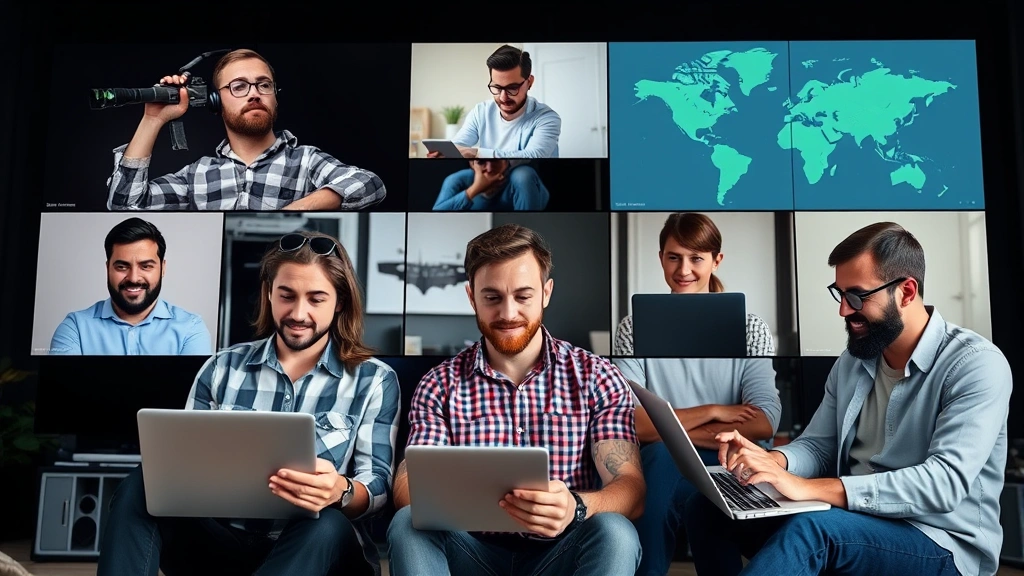 Diverse group of independent contractors collaborating virtually on projects across different devices and locations, showing teamwork and remote work flexibility