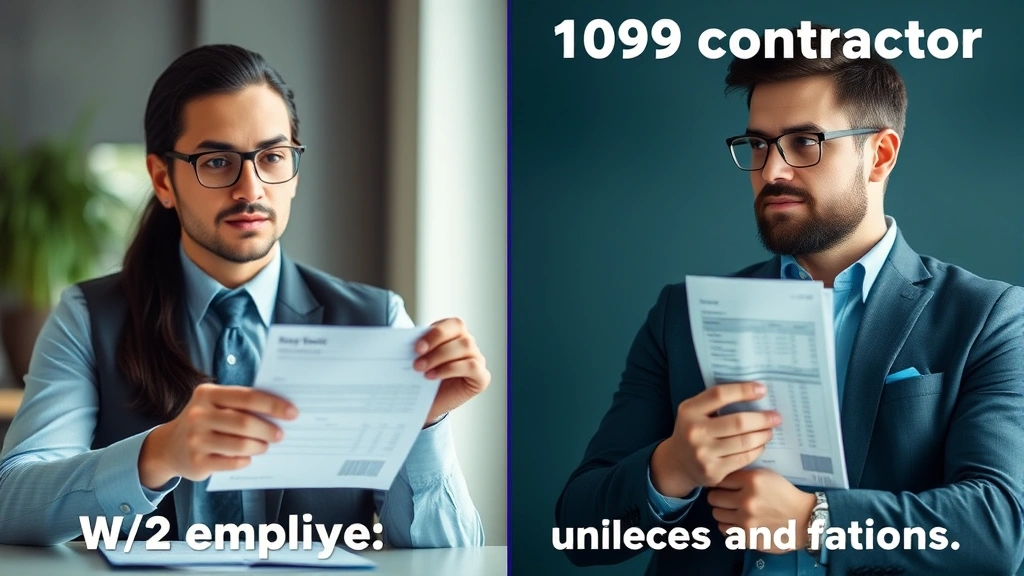 Split-screen comparison showing W-2 employee receiving paycheck stub versus 1099 contractor managing invoices and tax forms, both professionals looking thoughtful