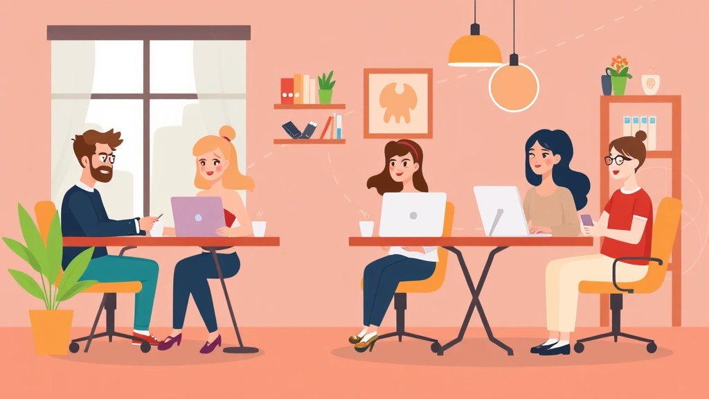 Cartoon diverse freelancers working from different locations - coffee shop, home office, coworking space - connected by digital network lines, modern flat design with warm colors