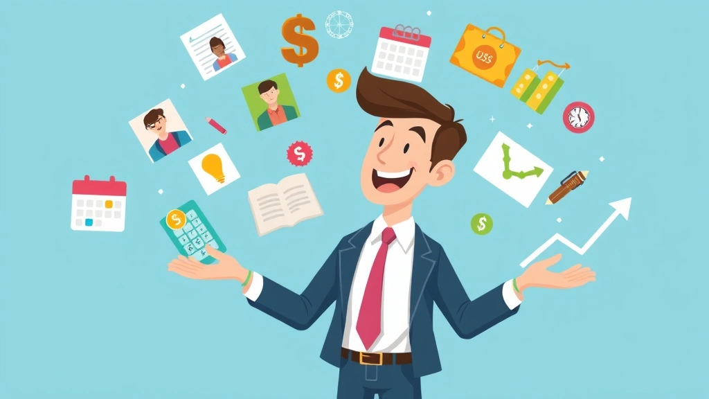 Animated professional juggling multiple colorful client icons and project symbols, calendar pages flying, dollar signs, growth chart, diverse income streams, energetic and positive tone, no text or letters