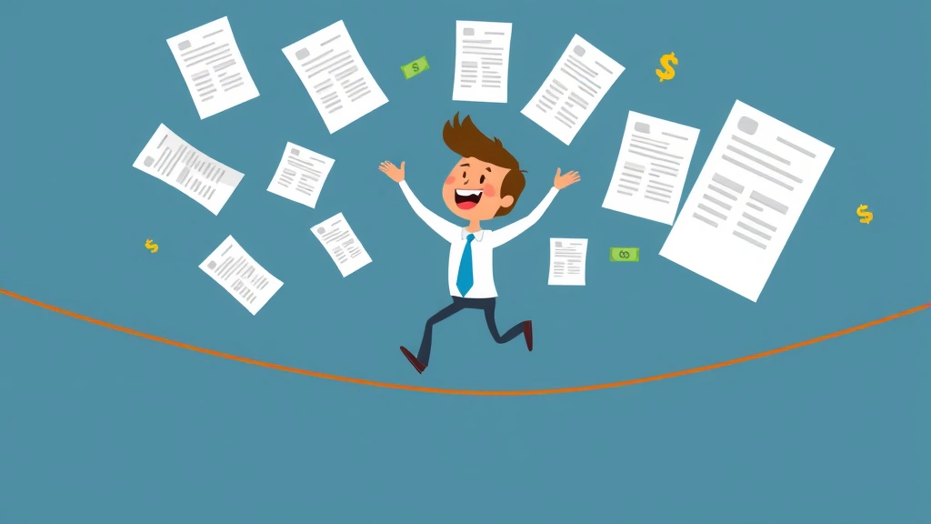 Cartoon character juggling multiple contracts and invoices while balancing on a tightrope, showing the challenge of managing 1099 work, playful but professional style with financial symbols around