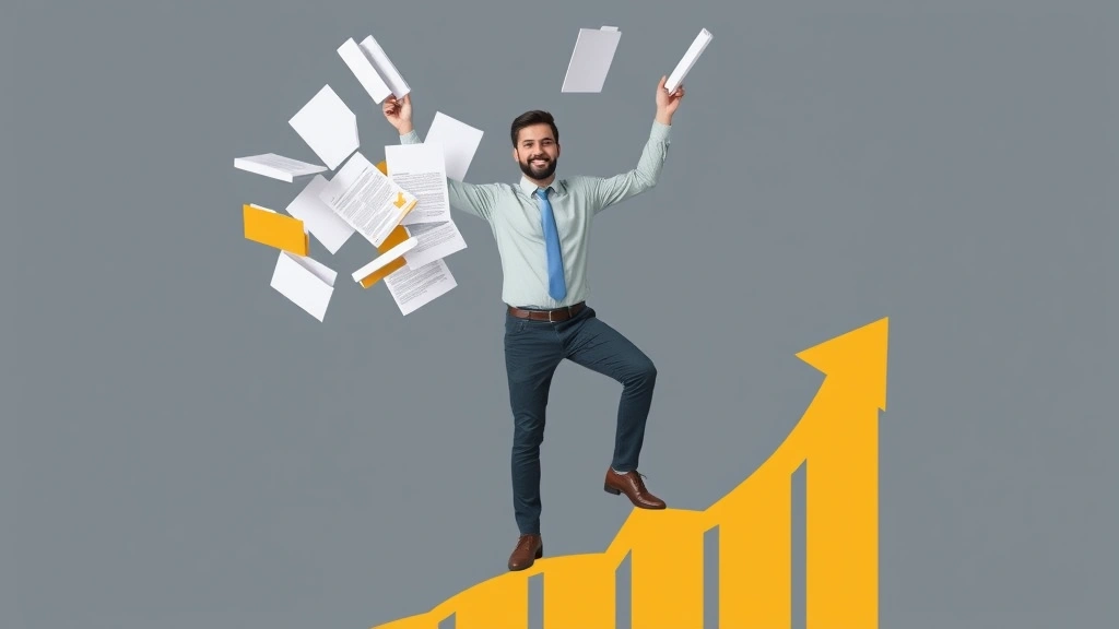 Cheerful independent contractor juggling multiple client documents and project folders while standing on upward trending arrow graph