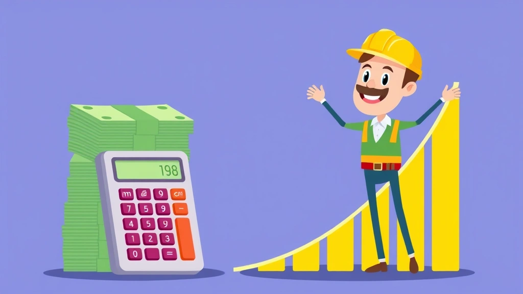Cartoon graphic showing stacked money, calculator, growth chart trending upward, and happy contractor figure, representing income growth and financial success, bright optimistic colors, minimalist style, no text