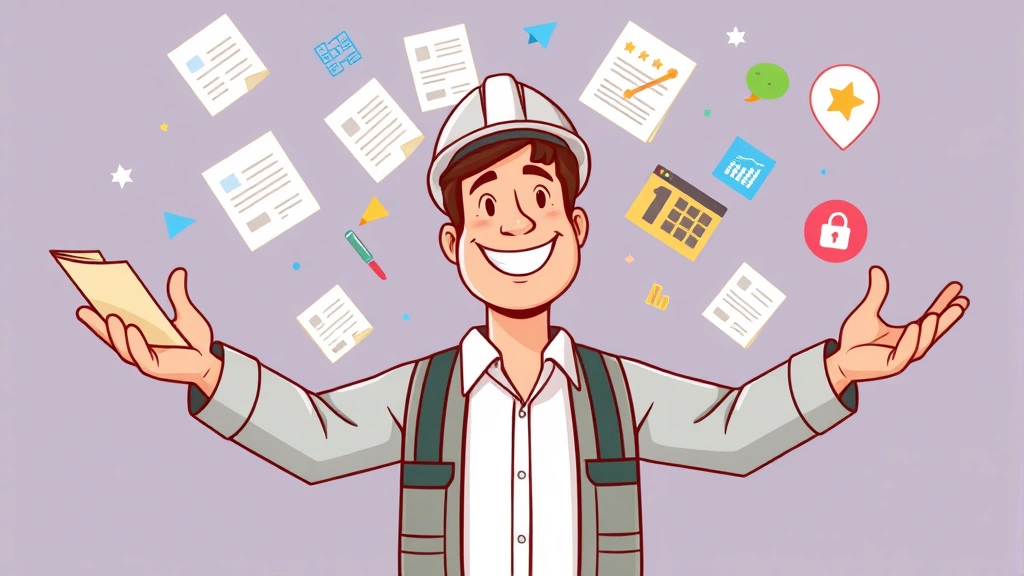 Smiling contractor juggling multiple projects and clients simultaneously, various colored documents and project icons floating around, professional cartoon illustration