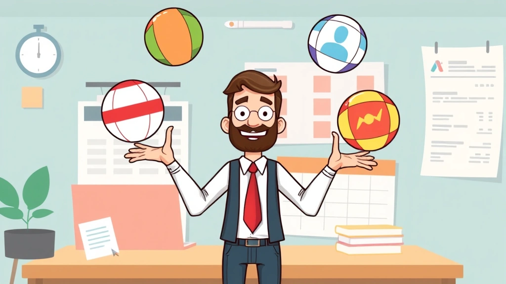 Cartoon independent contractor juggling multiple client projects represented as colorful balls, diverse clients visible, organized calendar and invoices in background, confident pose