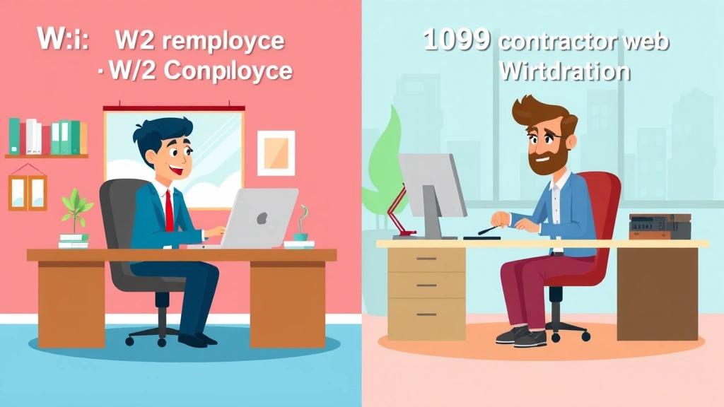 Cartoon graphic showing a split screen comparing W-2 employee at traditional office desk versus 1099 contractor working flexibly from different locations, colorful, energetic, professional style, no text