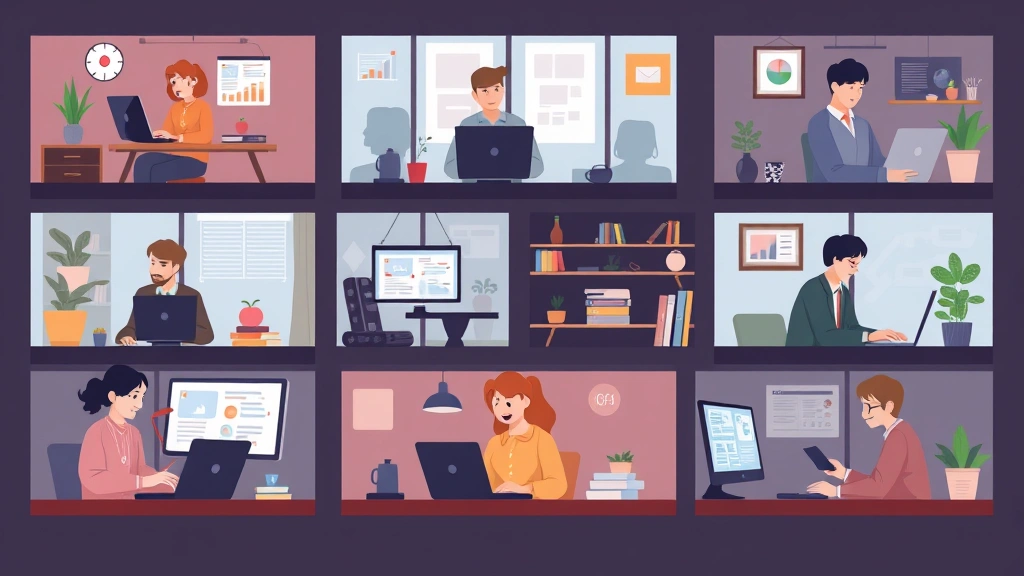 Diverse 1099 contractors across industries (tech, sales, consulting, creative) working remotely in different settings, cartoon style