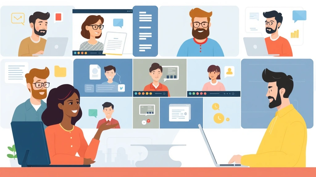 Diverse independent contractors collaborating virtually on projects, showing video calls, file sharing, and project management tools, cartoon illustration