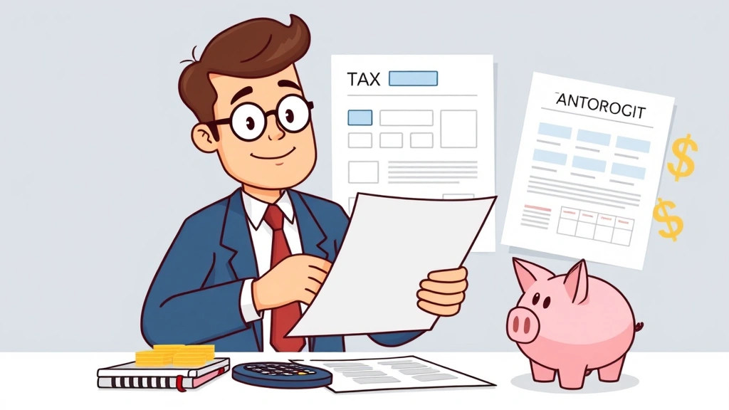 Cartoon graphic showing a professional reviewing financial documents and tax forms with calculator, piggy bank, and dollar signs, representing contractor financial management
