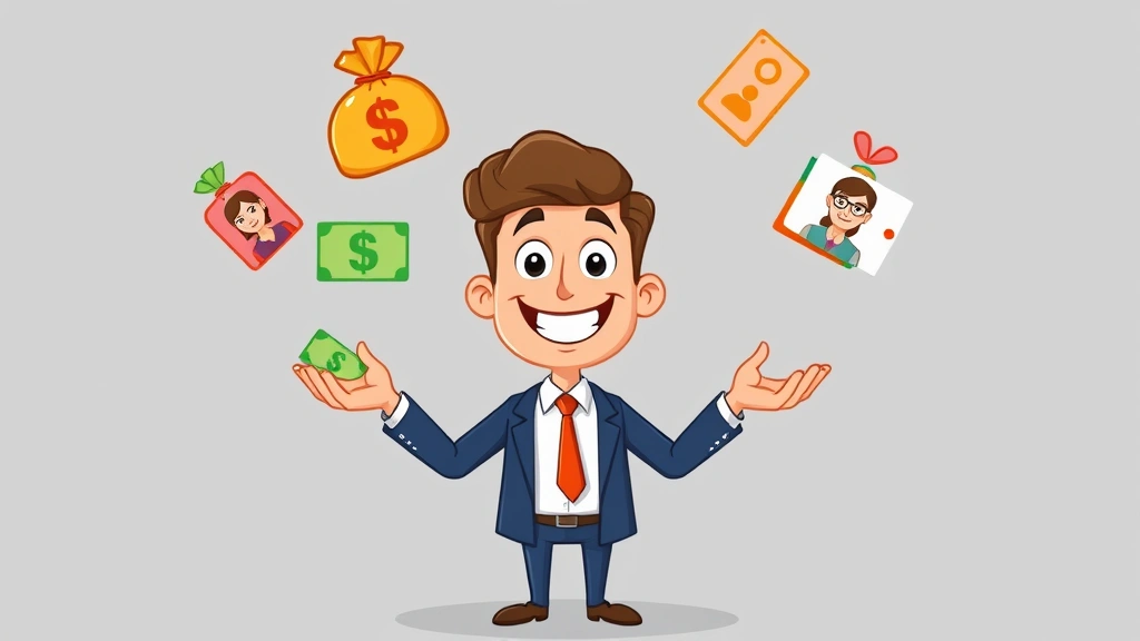 Cartoon character juggling multiple colorful money bags and client profiles, representing income diversification and multiple client management, happy and confident pose, professional attire, modern minimalist background