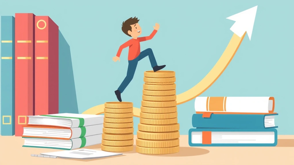 Cartoon figure climbing upward on stacked coins and business documents, professional development books nearby, upward trending arrow in background, energetic style