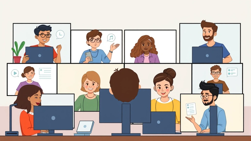 Diverse group of freelancers collaborating remotely via video call on computer screens, showing teamwork across different locations, cartoon illustration style