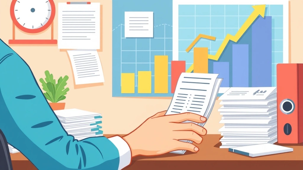 Person organizing receipts and expense categories with business growth chart in background, cartoon illustration, bright colors, organized desk
