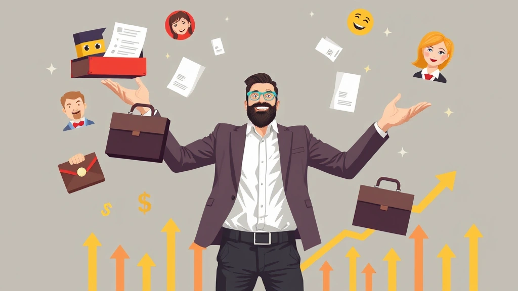 Professional contractor juggling multiple projects represented by floating briefcases and documents, surrounded by happy client faces, dollar signs, and upward growth arrows, energetic colorful style