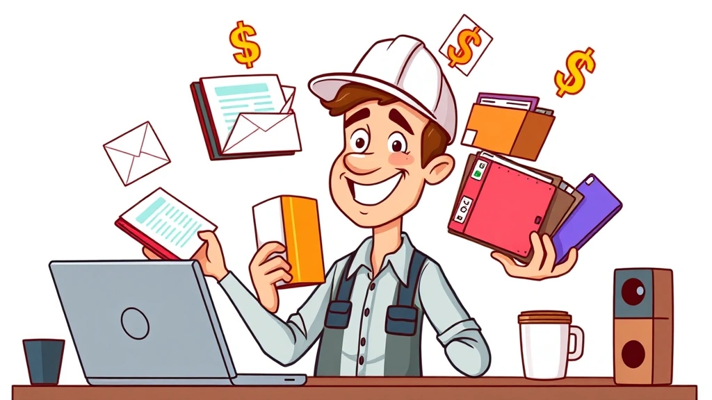 Cartoon contractor juggling multiple project folders and dollar signs, smiling confidently, flexible work setup shown with laptop and coffee cup, representing work-life balance and income variety