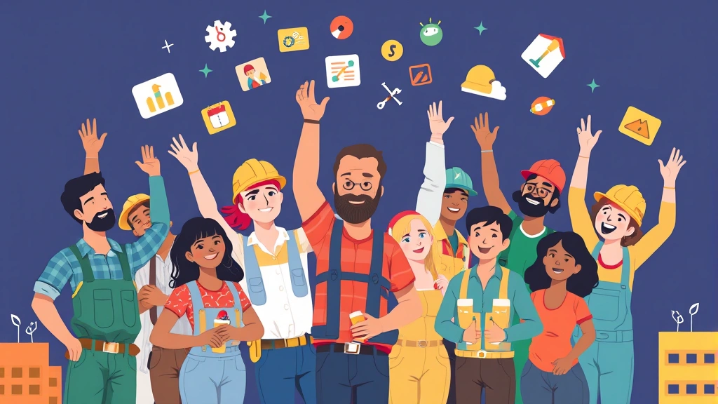 Illustrated diverse group of contractors celebrating success with diverse skill icons floating around them, positive energy, collaborative atmosphere