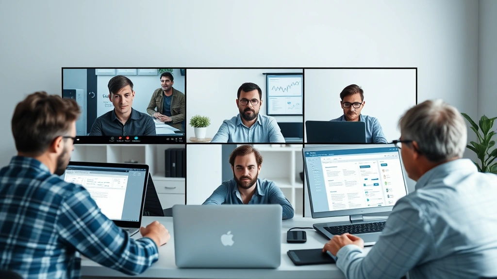 Diverse group of contractors collaborating virtually on video call, each in their own workspace, laptop screens showing project management tools and documents