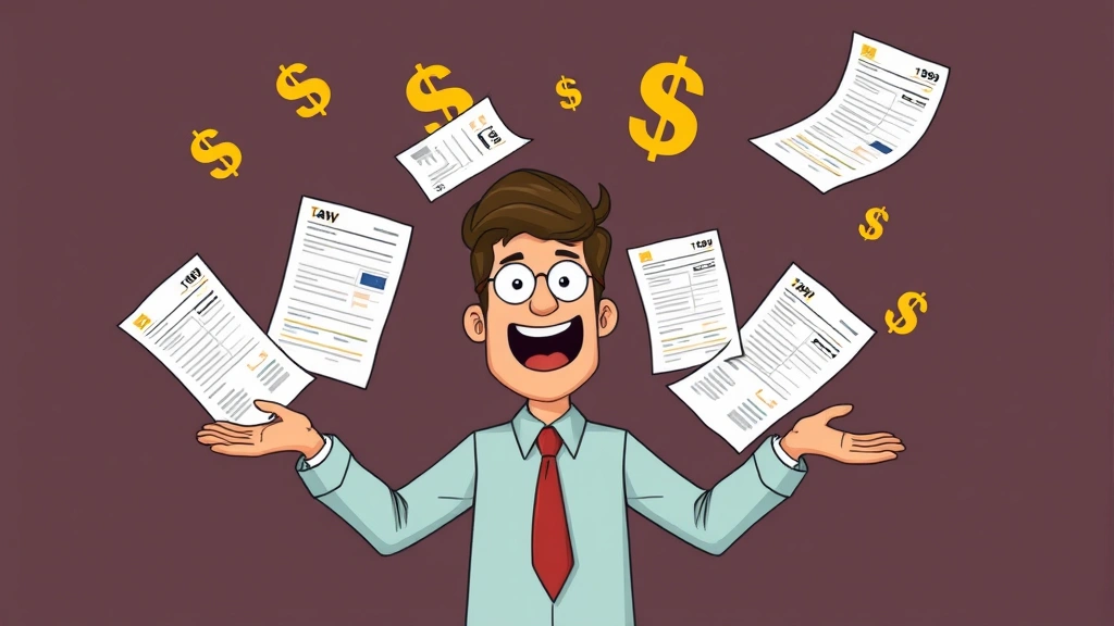 Cartoon person juggling multiple payment invoices and dollar signs, representing 1099 tax responsibilities and financial management, organized chaos style
