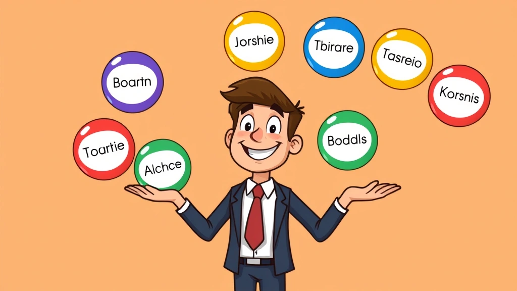 Cartoon character juggling multiple colored balls labeled with different client names, confident pose, colorful background, representing managing multiple 1099 clients