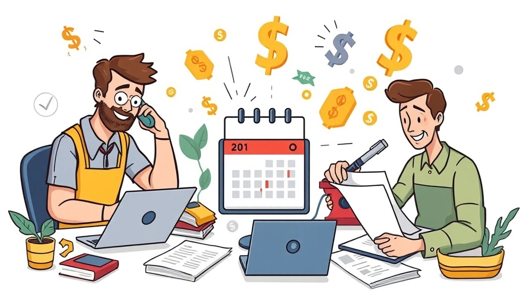 Cartoon diverse group of contractors (man, woman, different ethnicities) working on different devices—one on phone call, one typing, one reviewing documents—scattered around a central calendar and dollar signs, collaborative energy