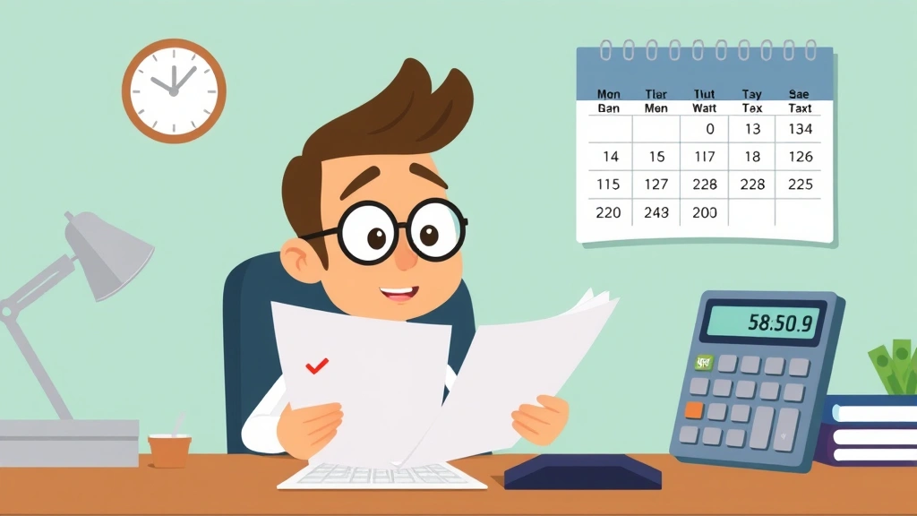 Animated character reviewing contract documents with checkmarks, calendar showing quarterly tax dates, calculator with dollar signs, professional office setting