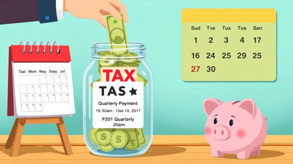 Animated character putting money into savings jar labeled with tax symbols, calendar showing quarterly payment dates highlighted, piggy bank nearby, bright colors